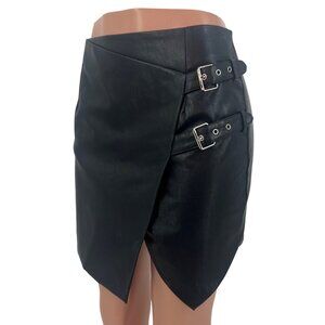 Vegan Leather Black Asymmetrical Buckled Mini Skirt